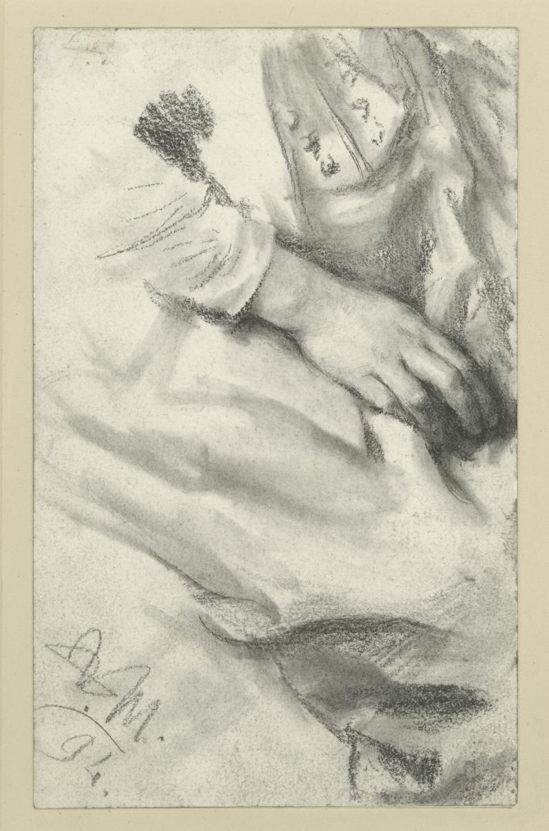 Kostümstudie einer weiblichen Figur, rechte Hand im Schoß ruhend