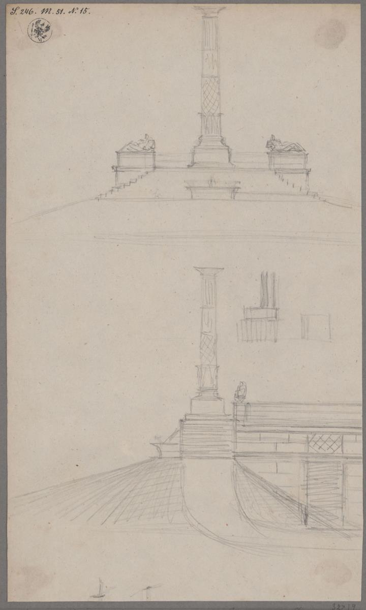 Potsdam-Sanssouci. Schloss Charlottenhof. Entwurf zum Dampfmaschinenhaus. Vorder- und Seitenansicht