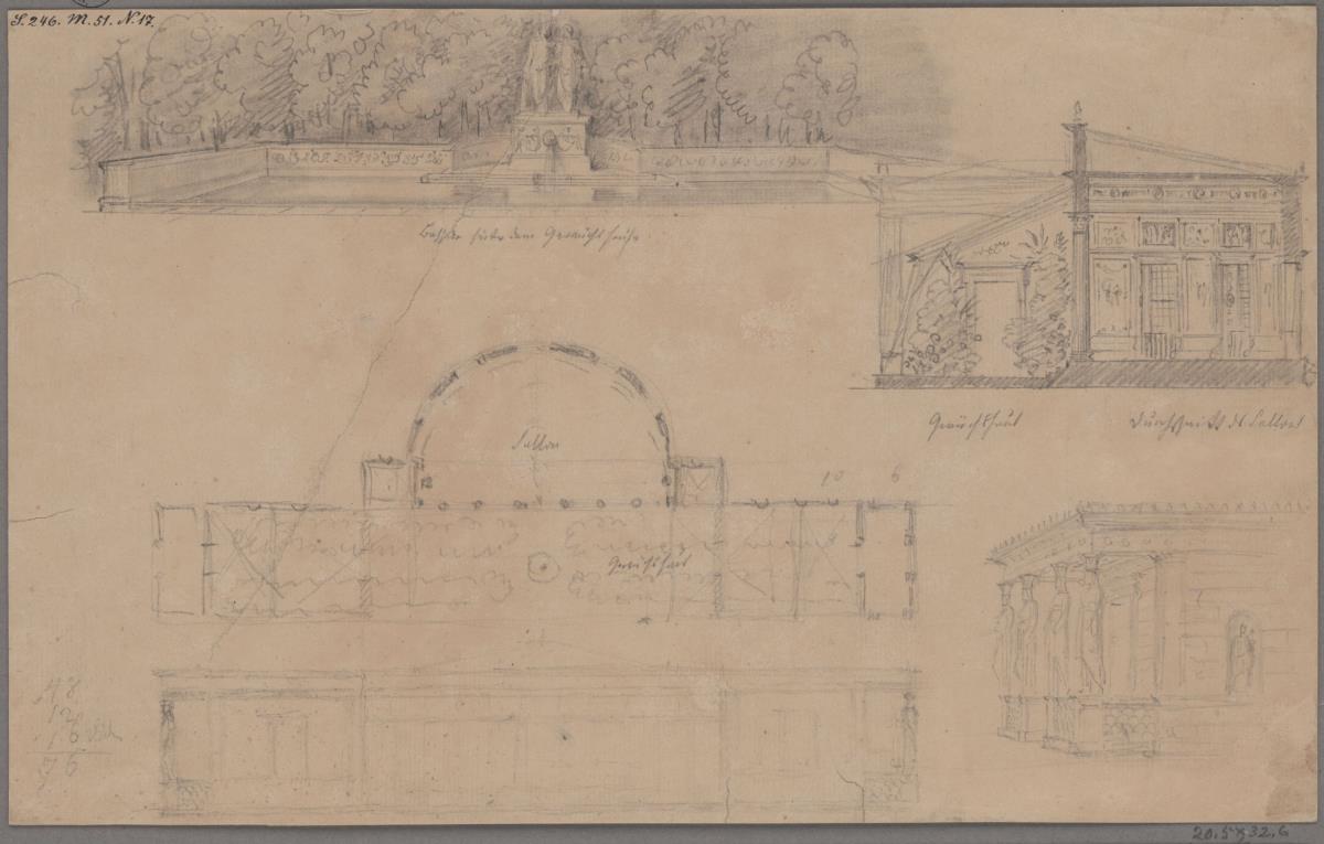 Potsdam-Sanssouci. Schloss Charlottenhof. Entwurf zum Gewächshaus samt Karyatidenhallen und Bassin hinter Gewächshaus