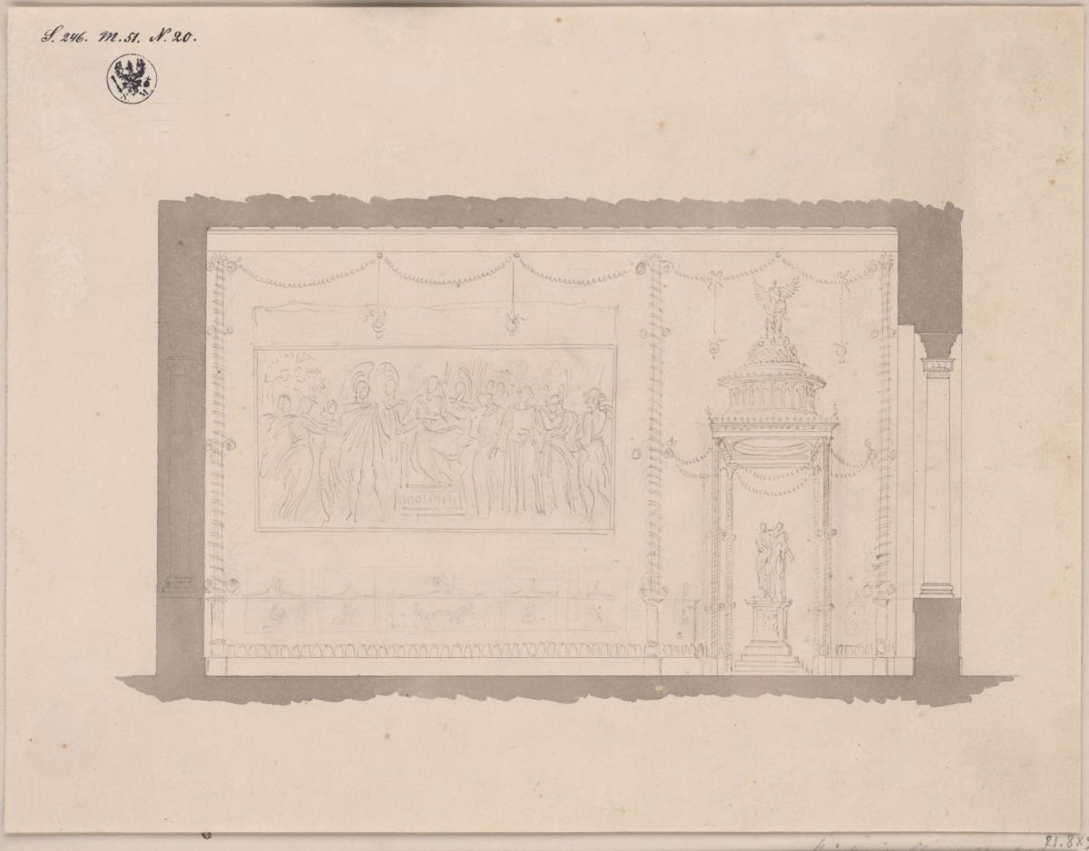 Potsdam-Sanssouci. Römische Bäder. Entwurf zur Wandmalerei im Tablinum. Aufriss der östlichen Seitenwand