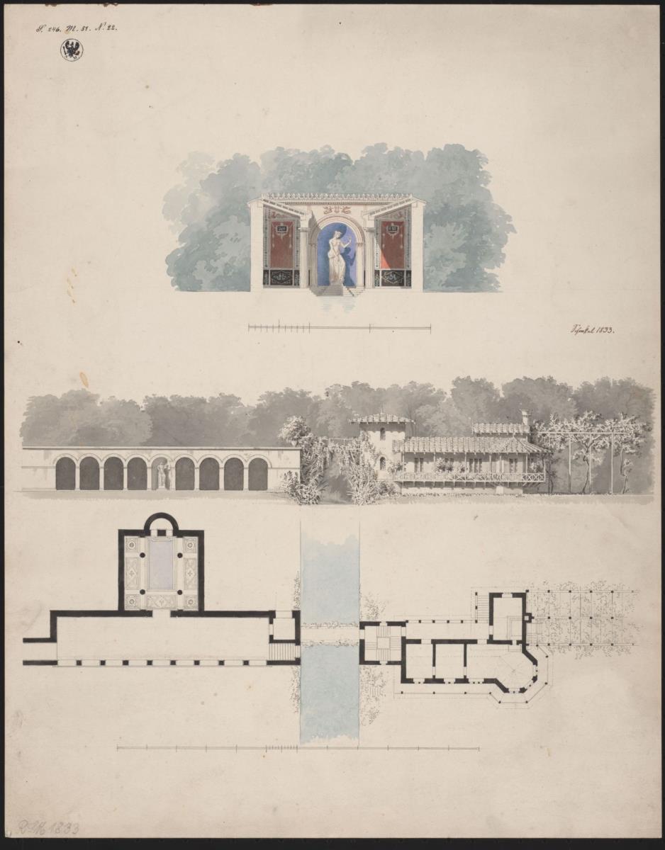 Potsdam-Sanssouci. Römische Bäder bei Schloss Charlottenhof. Entwurf zur Arkadenhalle mit Atrium. Ansichten und Grundrisse