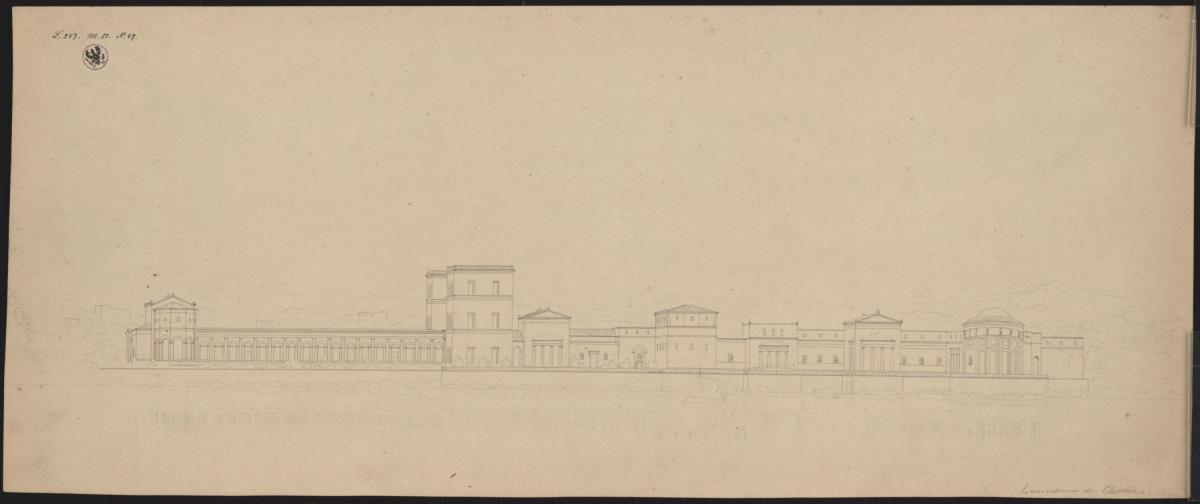 Entwurf zur Villa Laurentium. Ansicht der Schauseite an der Küste