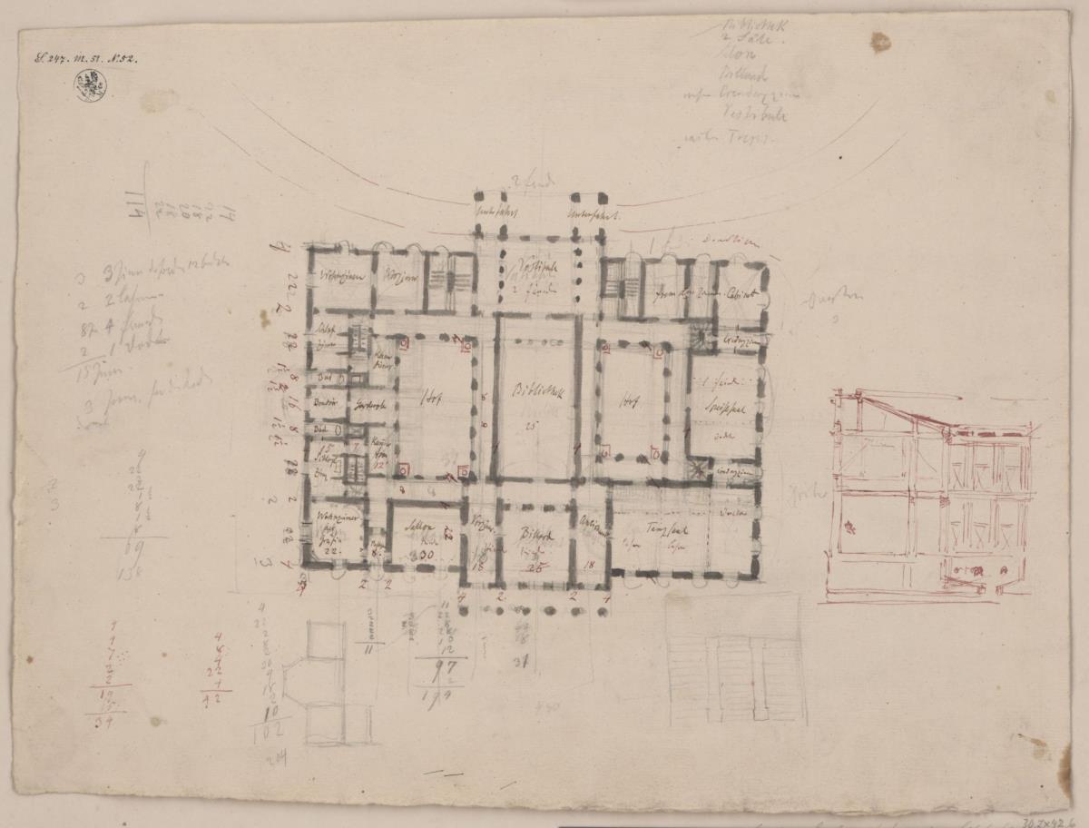 Kressendorf (Krzeszowice) bei Krakau. Entwurf zum Schloss des Grafen Potocki. Grundriss, Teilquerschnitt, Details