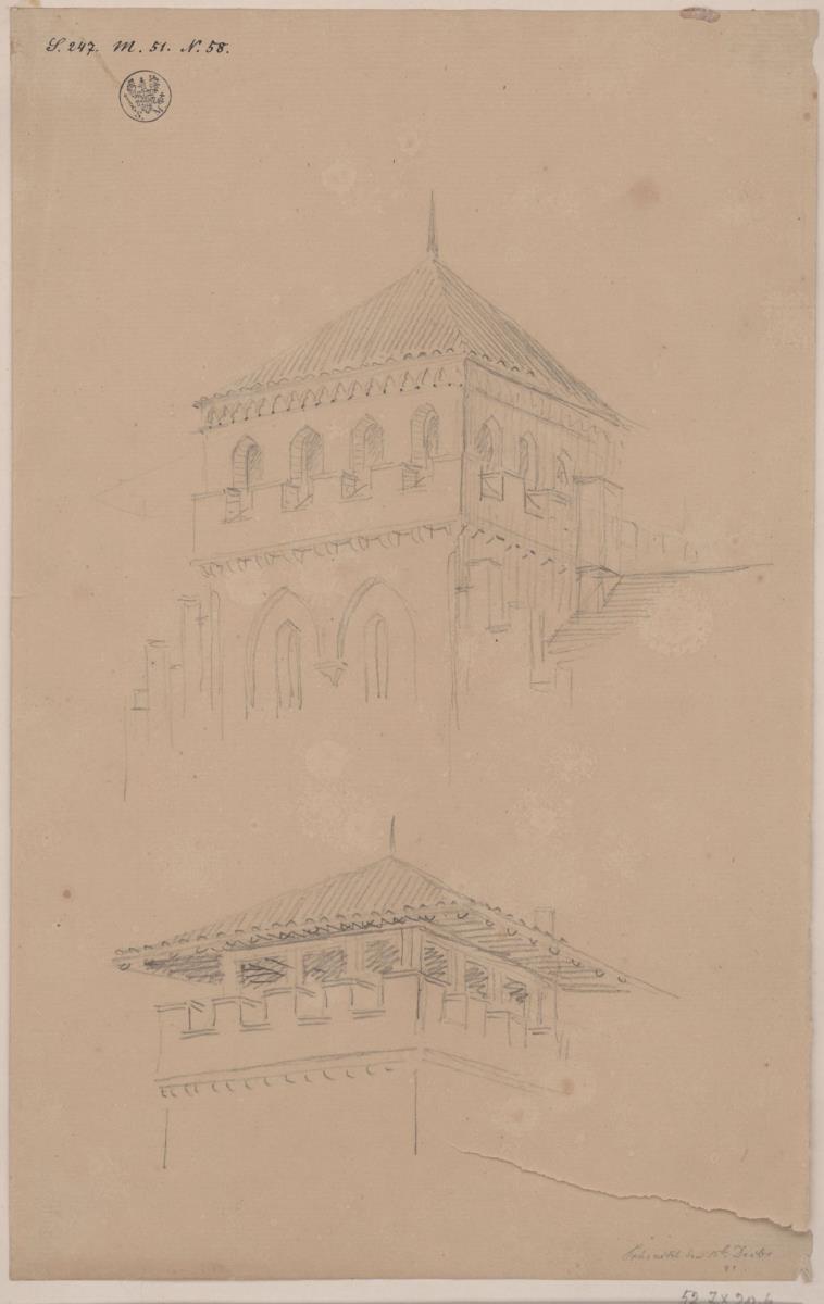 Pommern. Turm einer Stadtpfarrkirche und offener Zinnenturm. Ansichten