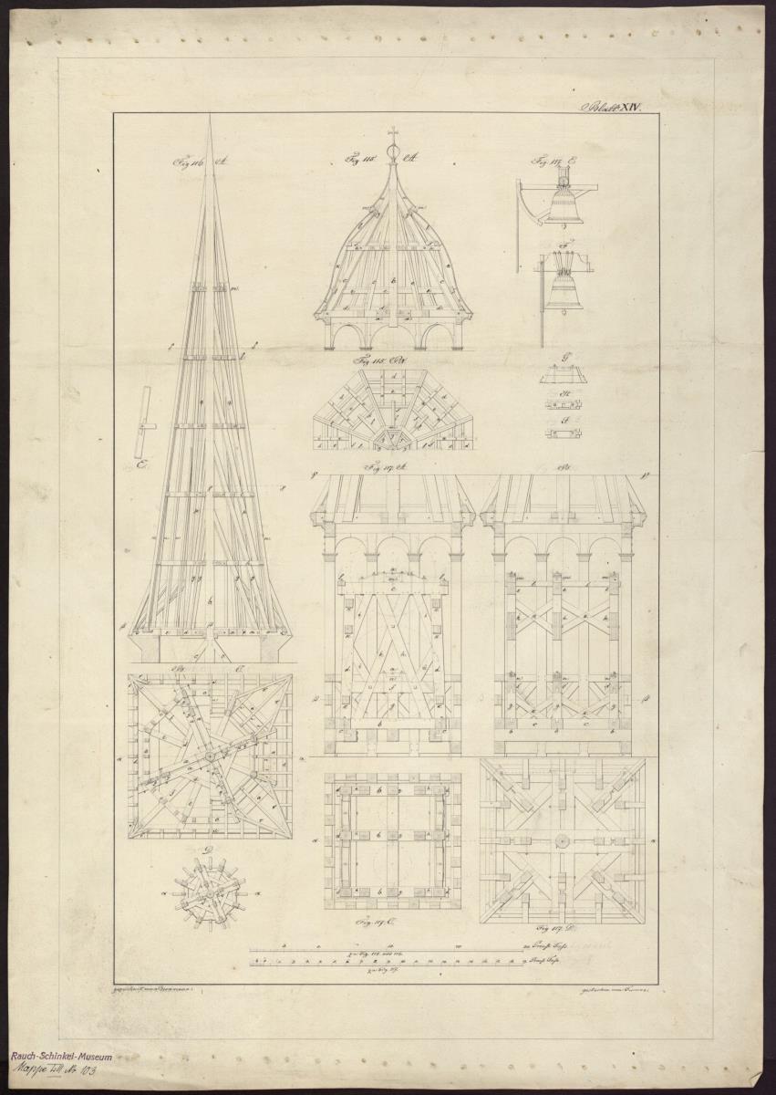 Holzkonstruktionen. Turmspitze, Turmhaube, Glockenaufhängung. Grundriss, Aufriss, Details