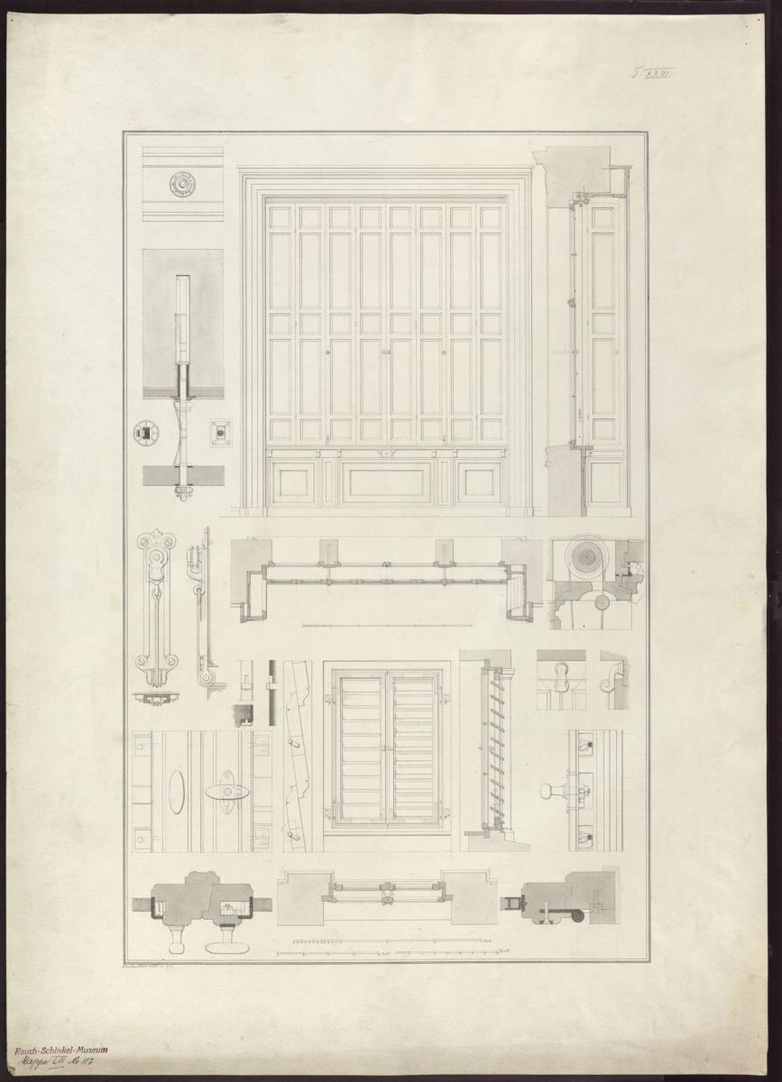 "Construction einer Lade zu dem nächst vorher beschriebenen Fenster, eines Roulleauschnurspanners anderer Art und eines Belvedérefensters." Vorzeichnung zur Tafel 23 aus "Vorlegeblätter für Baumeister",  hrsg. von der königlichen technischen Deputation für Gewerbe, Berlin 1844
