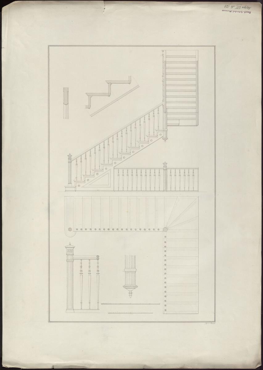 Entwurf für eine Treppe. Aufriss, Grundriss, Profile