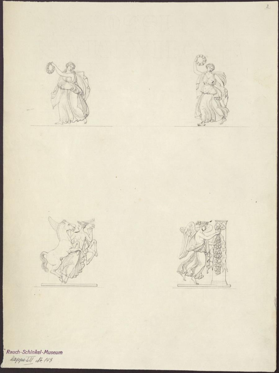 Kandelaber. Relieffelder des Unterbaus. Tanzende Mädchen mit Kränzen, Pegasus und Genie