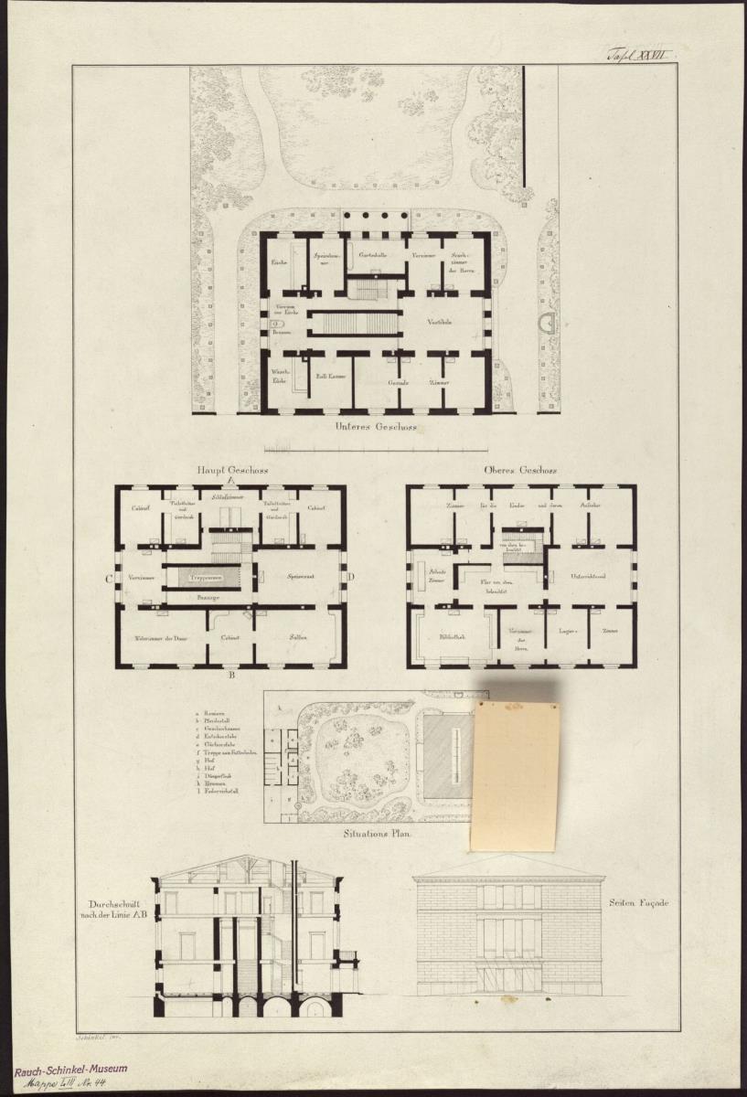 Entwurf zu einem städtischen Wohngebäude. Vorzeichnung (Varainte) zum Stich in der "Sammlung architektonischer Entwürfe", Heft 9, Tafel 57, 1826