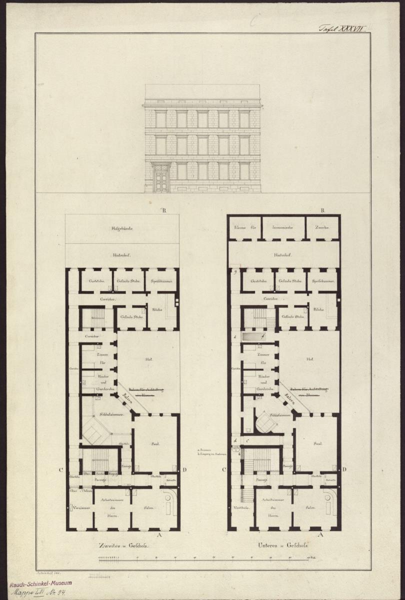 Entwurf zu einem städtischen Wohngebäude. Vorzeichnung  (Grundrisse unten) zum Stich in der "Sammlung architektonischer Entwürfe", Heft 10, Tafel 64 (unten), 1826
