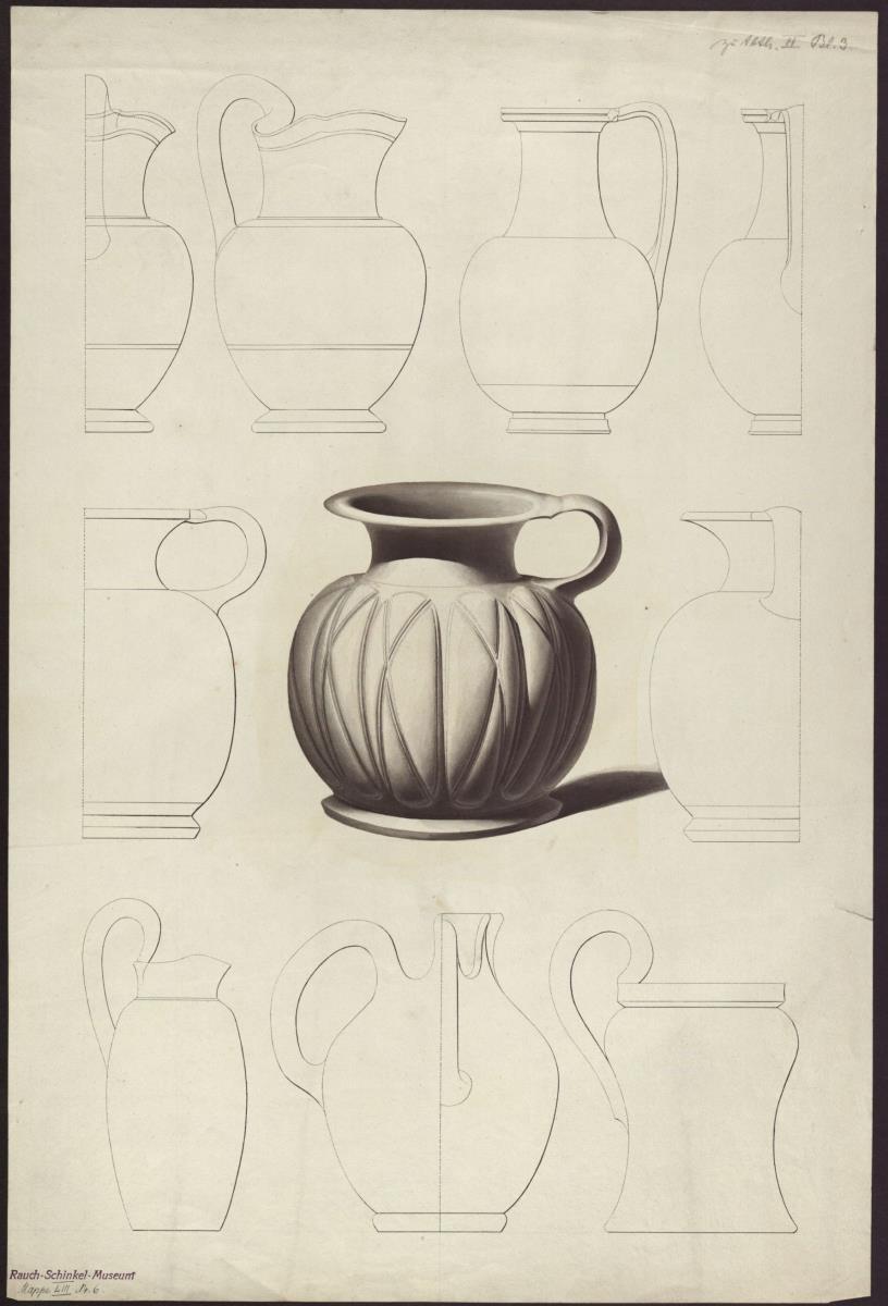Vorzeichnung für die Vorbilder für Fabrikanten und Handwerker. Teil 2, Abteilung 2, Blatt 3: Antike keramische Vasen aus der Sammlung Hamilton im British MuseumMehrere Gefäße
