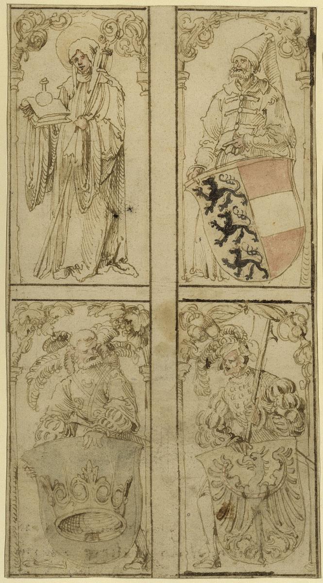 Drei Entwürfe zu Glasgemälden. Oben links: Die hl. Walpurgis. Oben rechts: Orientale mit dem Wappen von Kamten. Unten links: Landsknecht mit dem Wappen von Burgund. Unten rechts: Landsknecht mit dem Wappen von Krain