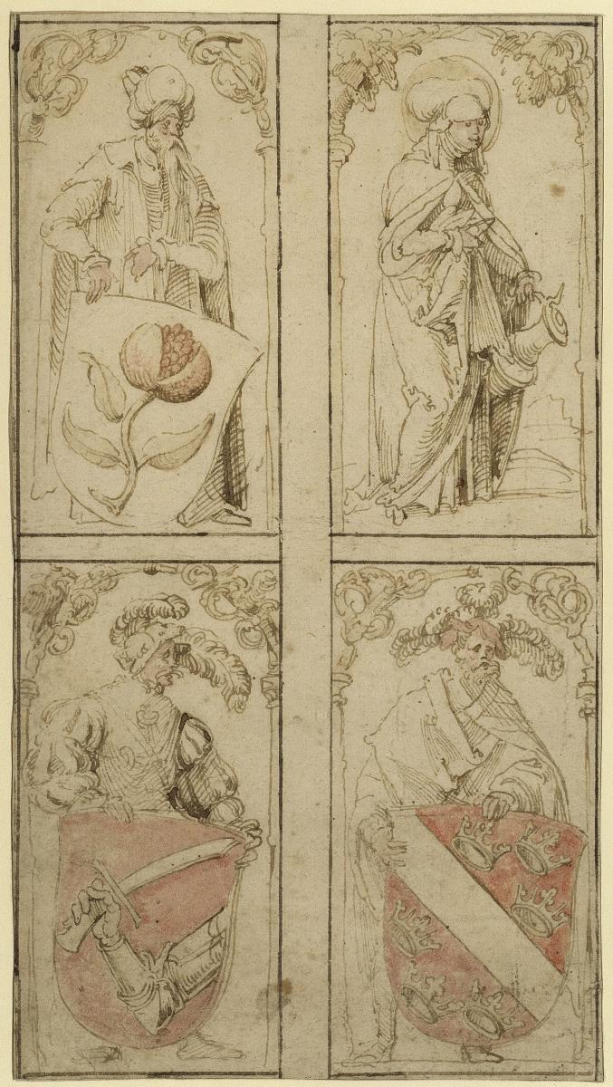 Drei Entwürfe zu Glasgemälden. Oben links: Orientale mit dem Wappen von Granada. Oben rechts: Die hl. Elisabeth. Unten links: Landsknecht mit dem Wappen von Slawonien. Oben rechts: Ritter mit dem Wappen von Elsaß