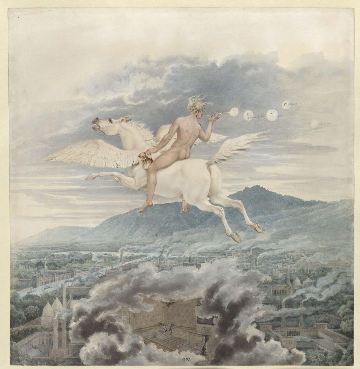 Weibliche Figur (Seifenbläserin) als Allegorie auf Christian Peter Wilhelm Beuth, den Pegasus über einer Industriestadt reitend