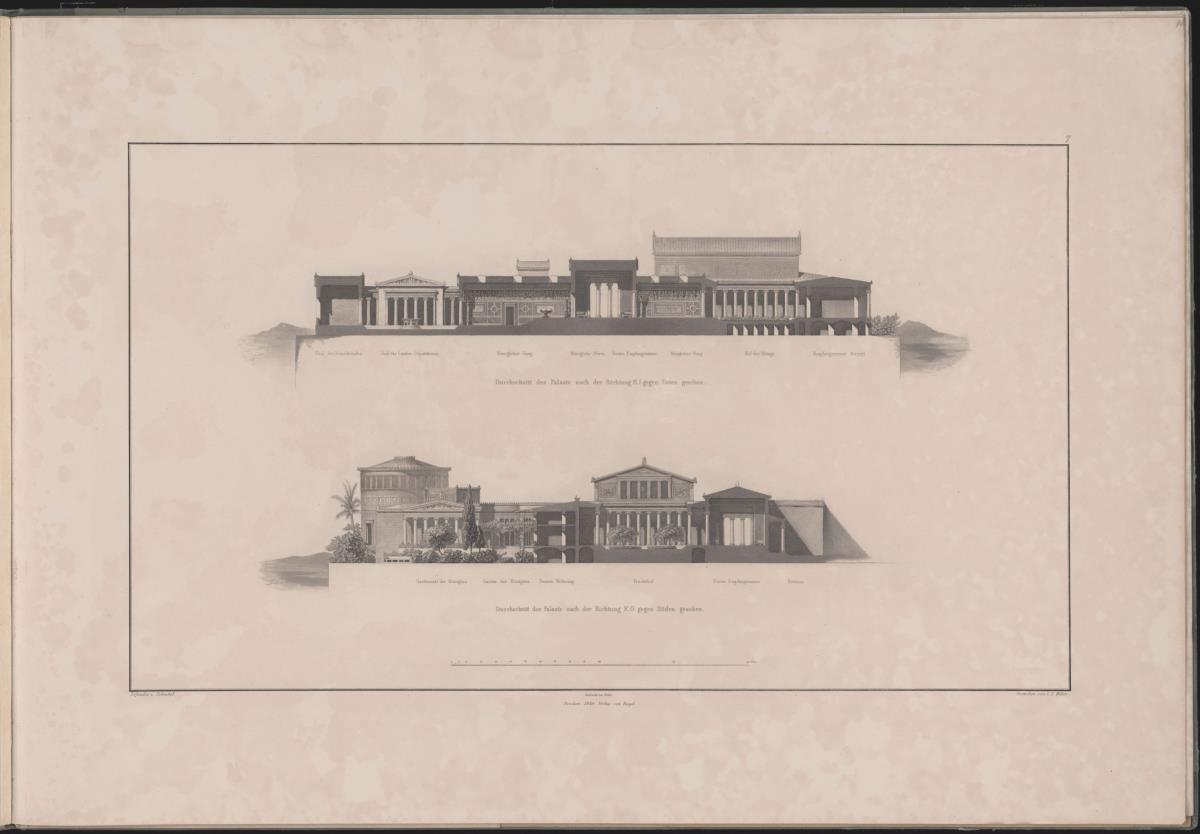 Werke der höheren Baukunst, 1840, Tafel 7. Athen, Akropolis. Palast des Königs Otto von Griechenland. Schnitte