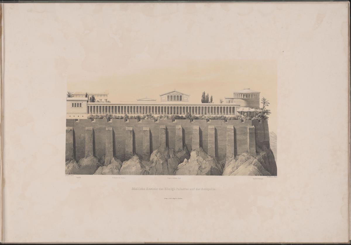 Werke der höheren Baukunst, 1840, Tafel 6. Athen, Akropolis. Palast des Königs Otto von Griechenland. Ansicht von Süden, östlicher Abschnitt mit dem Palast