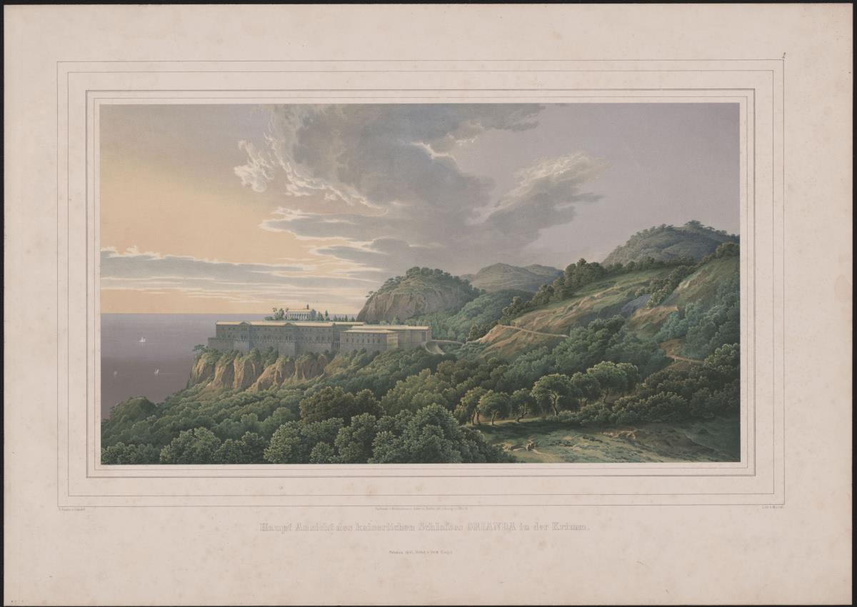 Werke der höheren Baukunst, 1848, (Tafel 2). Schloss Orianda auf der Krim. Antikischer Entwurf. Ansicht