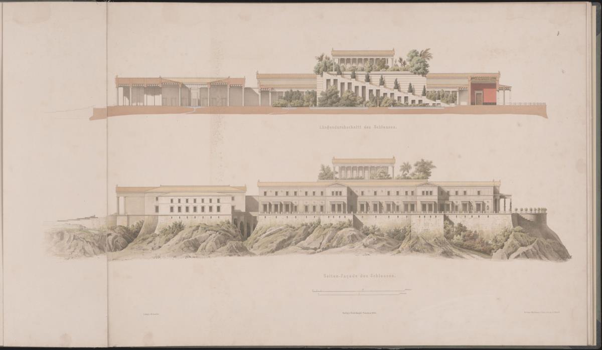 Werke der höheren Baukunst, 1848, (Tafel 3). Schloss Orianda auf der Krim. Antikischer Entwurf. Längsschnitt, Seitenansicht