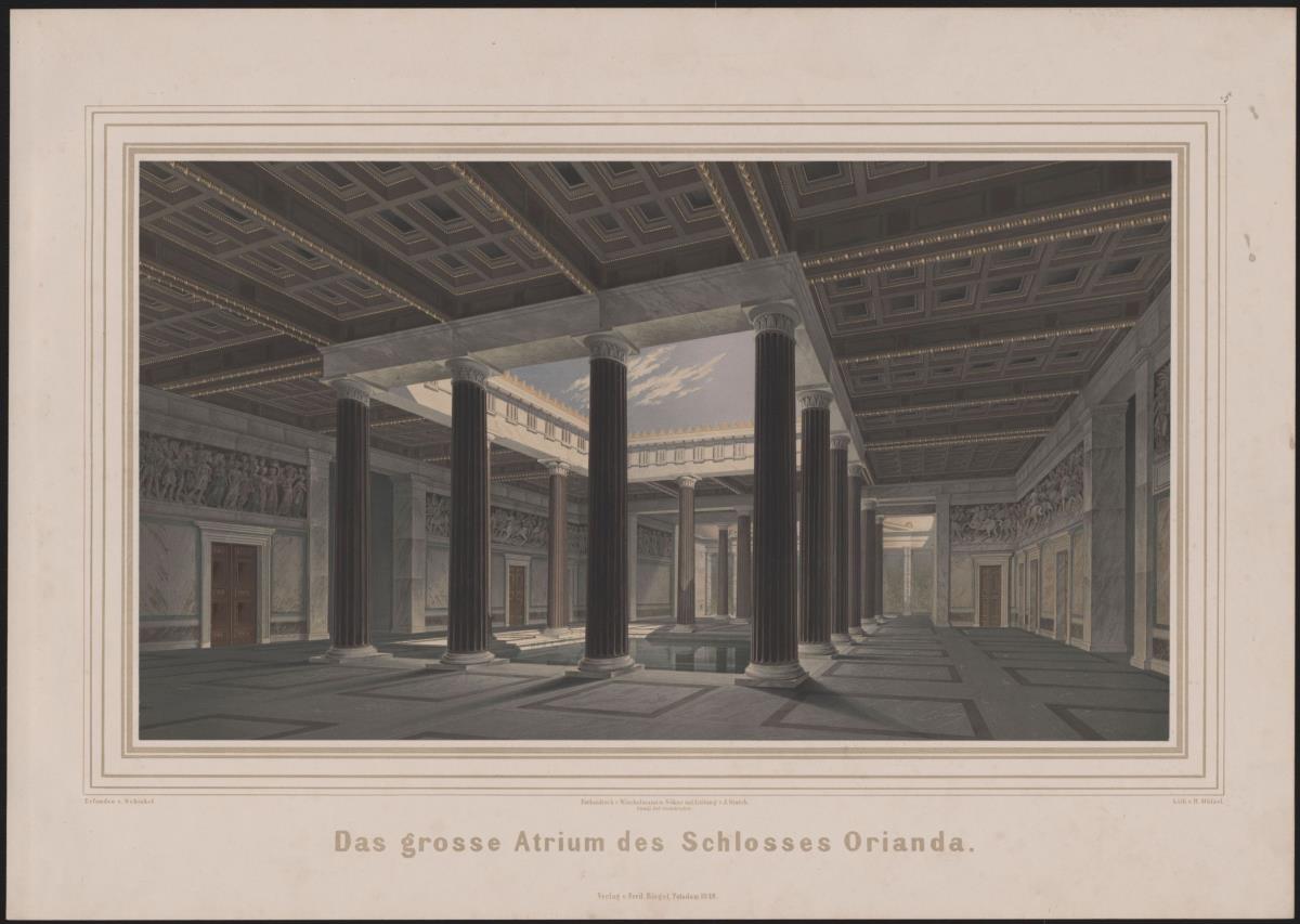 Werke der höheren Baukunst, 1848, (Tafel 5). Schloss Orianda auf der Krim. Antikischer Entwurf. Großes Atrium