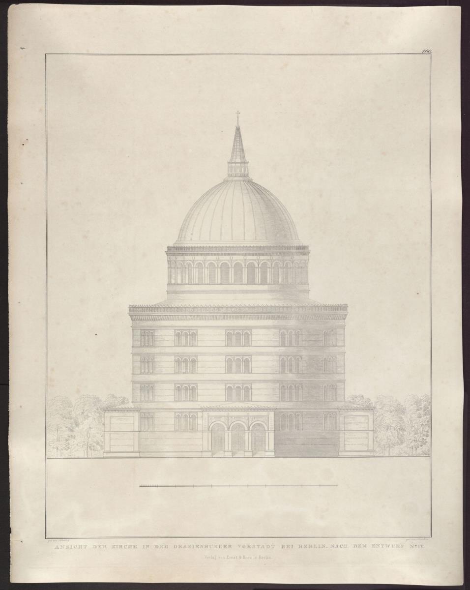 Sammlung architektonischer Entwürfe. Tafel 100 ( = Heft 15, Tafel 94, 1829): Berlin, Oranienburger Vorstadt. Entwurf zu einer Kirche (Vorstadtkirche Typ 4, "Kirche im Kreisrund"). Ansicht