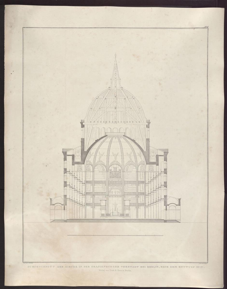 Sammlung architektonischer Entwürfe. Tafel 101 ( = Heft 15, Tafel 95, 1829): Berlin, Oranienburger Vorstadt. Entwurf zu einer Kirche (Vorstadtkirche Typ 4, "Kirche im Kreisrund"). Querschnitt