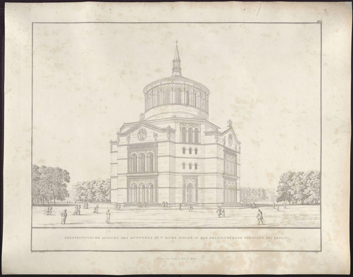 Sammlung architektonischer Entwürfe. Tafel 103 ( = Heft 16, Tafel 97, 1829): Berlin, Oranienburger Vorstadt. Entwurf zu einer Kirche (Vorstadtkirche Typ 5, "Kirche in Kreuzform"). Perspektivische Ansicht