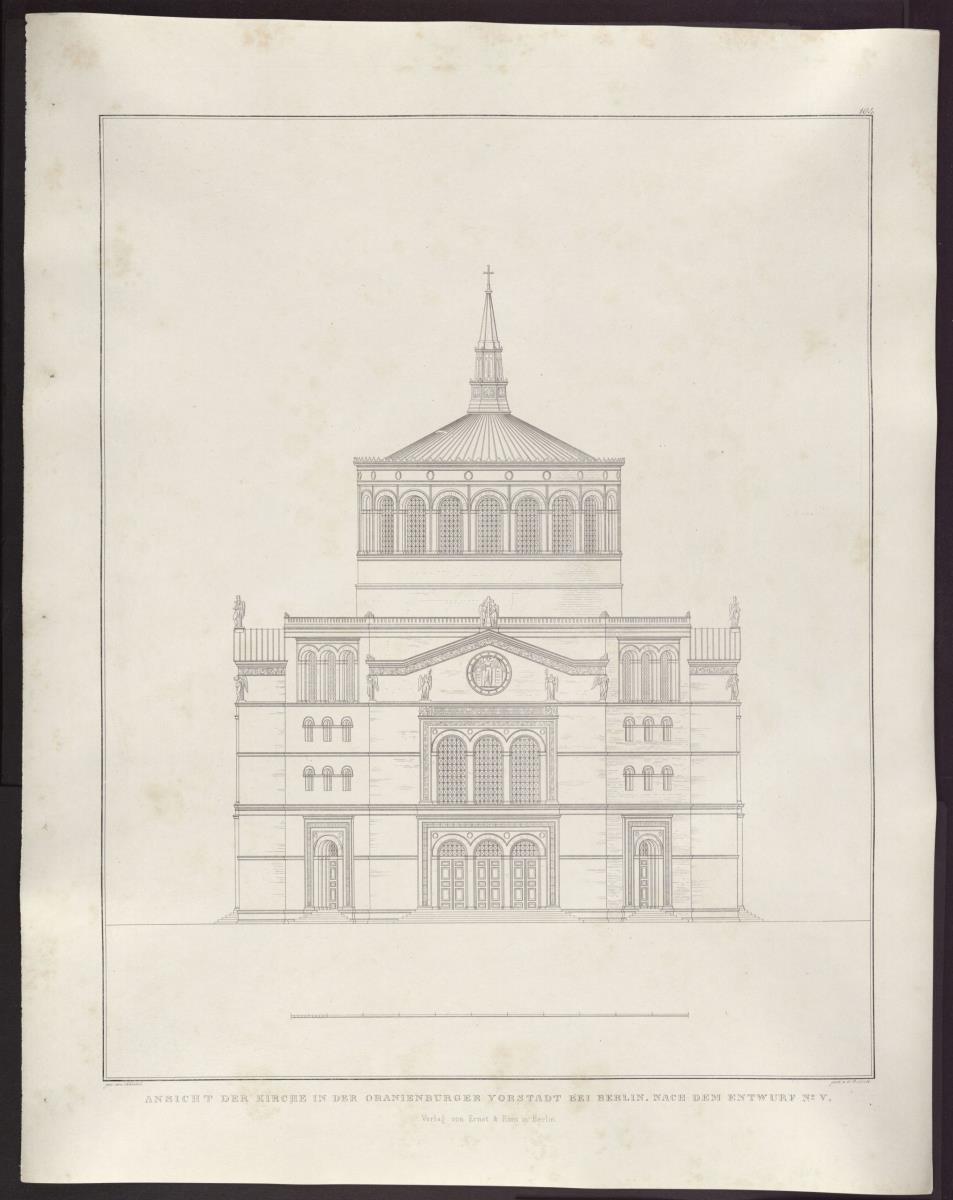 Sammlung architektonischer Entwürfe. Tafel 104 ( = Heft 16, Tafel 98, 1829):  Berlin, Oranienburger Vorstadt. Entwurf zu einer Kirche (Vorstadtkirche Typ 5, "Kirche in Kreuzform"). Aufriss der Front