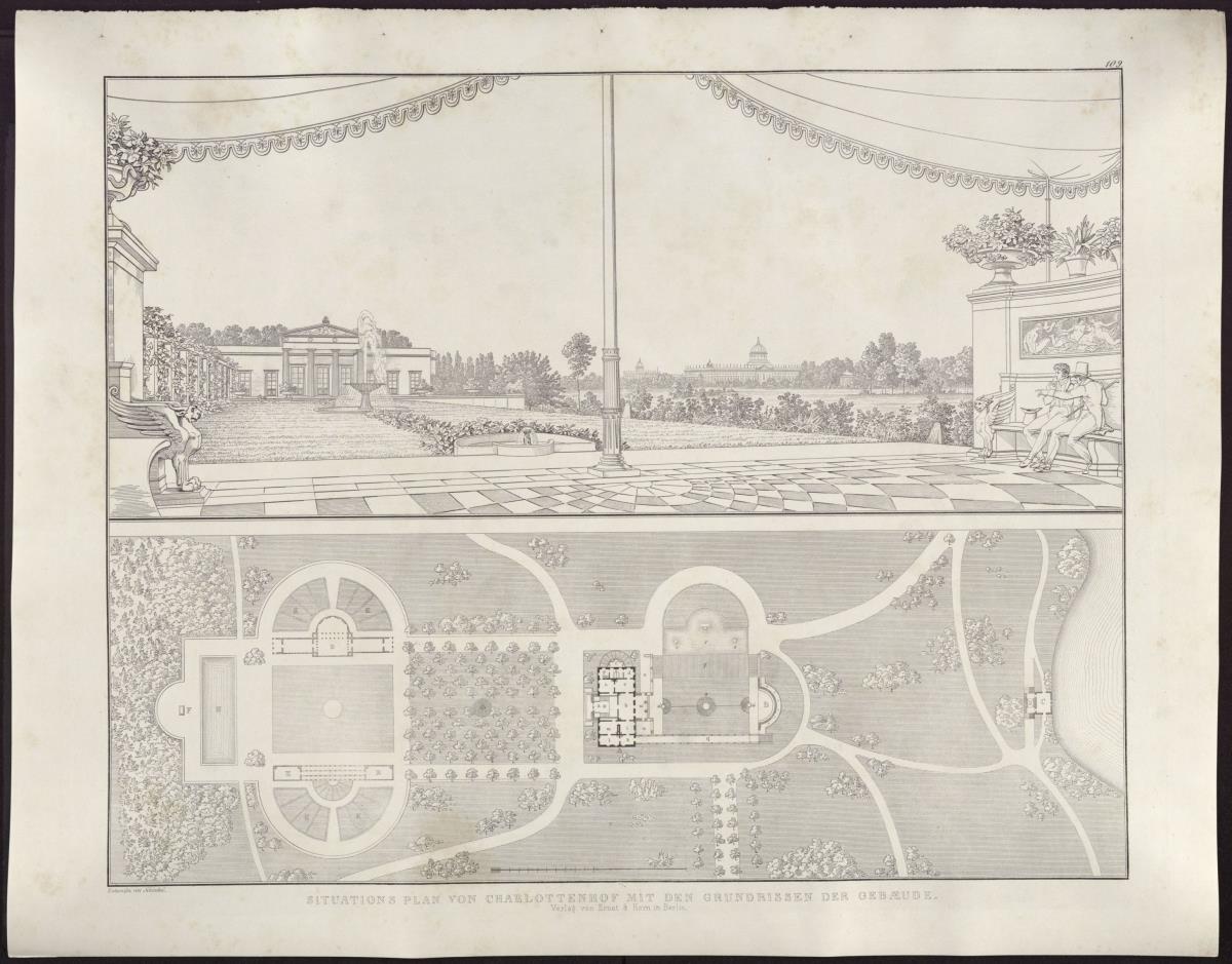 Sammlung architektonischer Entwürfe. Tafel 109 ( = Heft 18, Tafel 109, 1831): Potsdam-Sanssouci. Schloss Charlottenhof. Ansicht von der Exedra und Grundriss