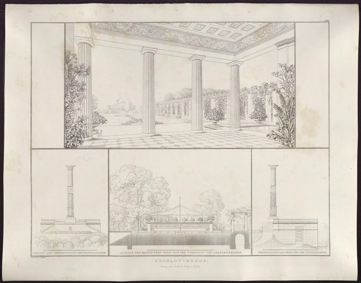 Sammlung architektonischer Entwürfe. Tafel 110 ( = Heft 18, Tafel 110, 1831): Potsdam-Sanssouci. Schloss Charlottenhof. Ansicht von der Exedra auf Schloss und Park