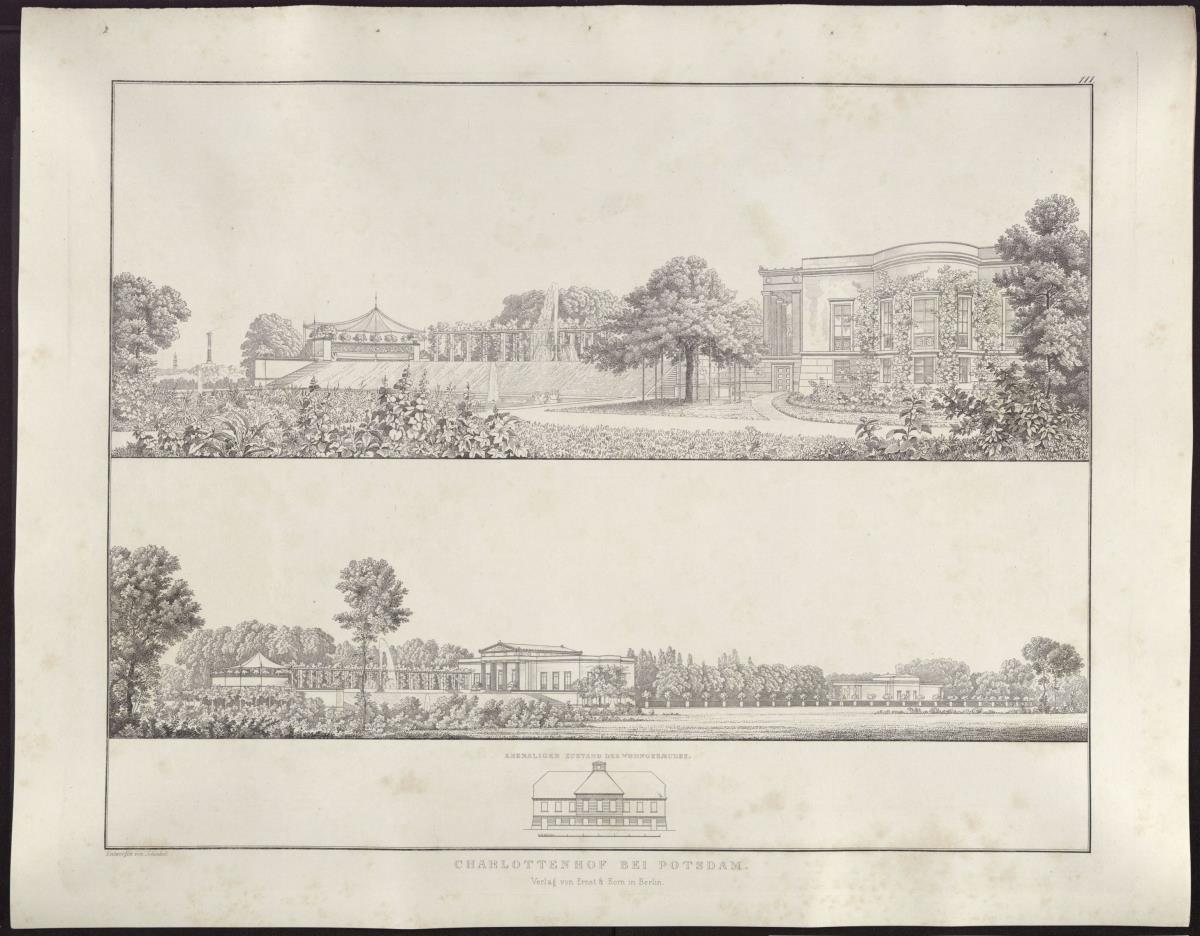 Sammlung architektonischer Entwürfe. Tafel 111 ( = Heft 18, Tafel 111, 1831): Potsdam-Sanssouci. Schloss Charlottenhof. Zwei Ansichten