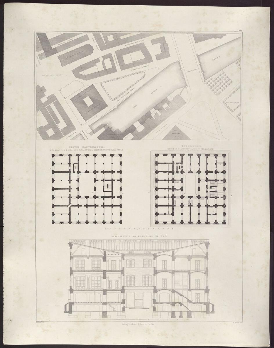 Sammlung architektonischer Entwürfe. Tafel 116 ( = Heft 20, Tafel 122, 1833): Berlin. Bauakademie. Lageplan, zwei Grundrisse und Querschnitt