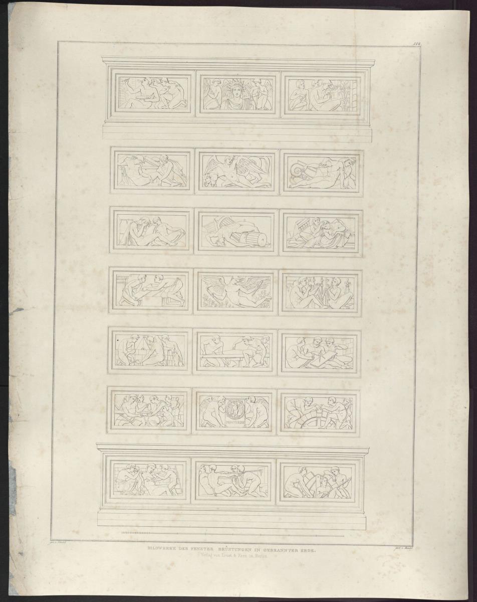 Sammlung architektonischer Entwürfe. Tafel 118 ( = Heft 20, Tafel 124, 1833): Berlin. Bauakademie. Reliefs der Fensterbrüstungen