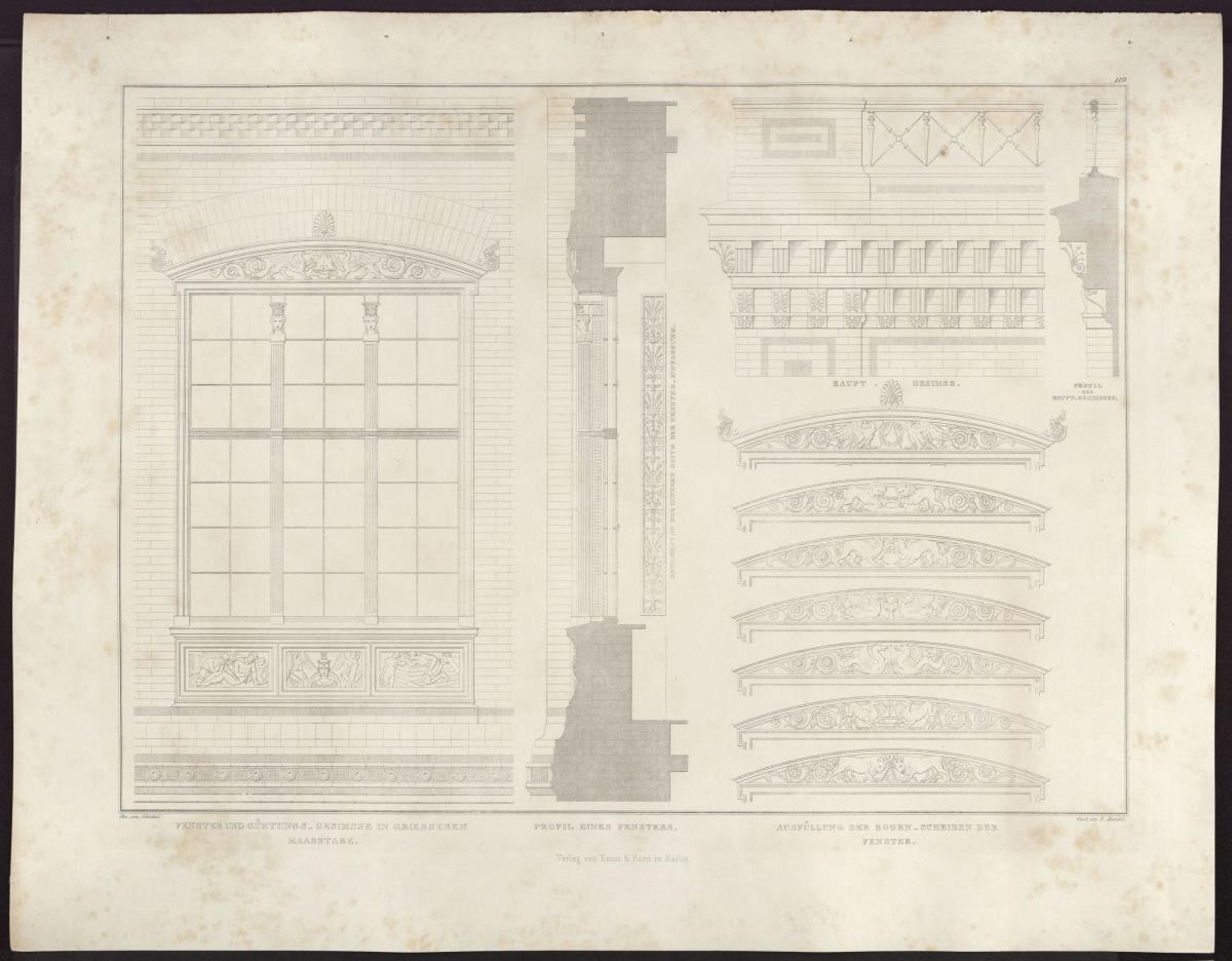 Sammlung architektonischer Entwürfe. Tafel 119 ( = Heft 20, Tafel 125, 1833): Berlin. Bauakademie. Details der Fenster und des Hauptgesimses