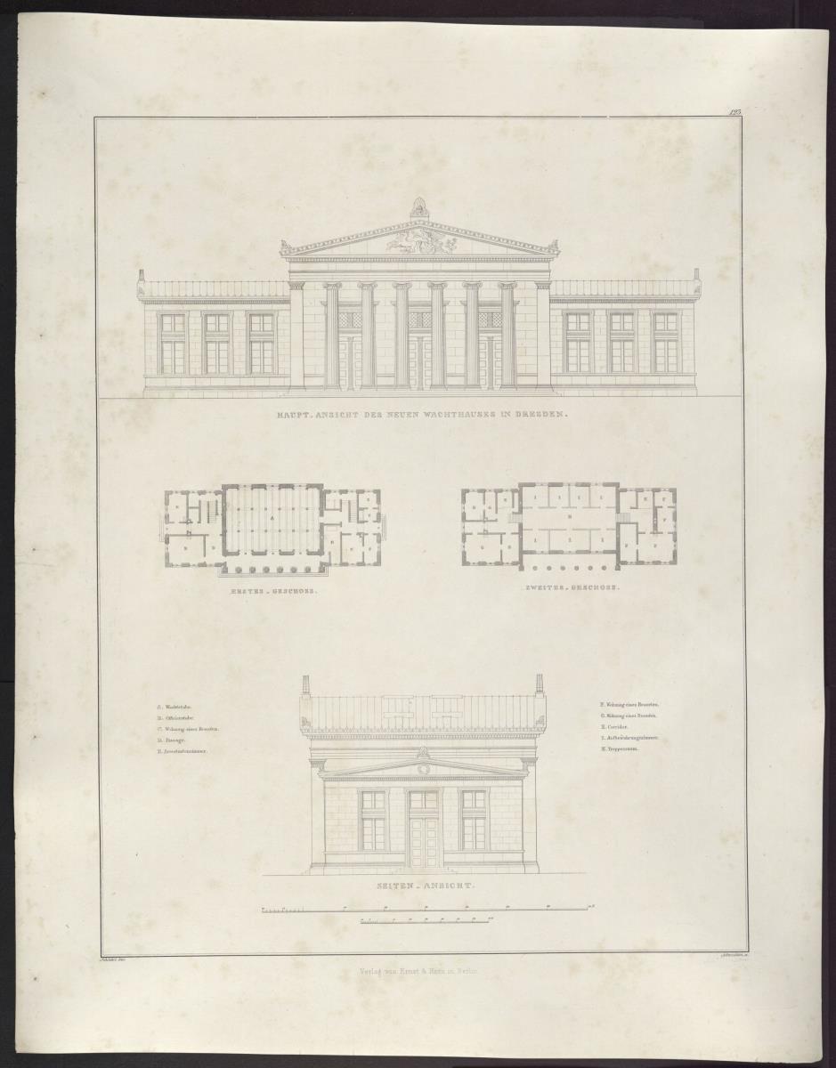 Sammlung architektonischer Entwürfe. Tafel 123 ( = Heft 23, Tafel 144, 1835): Dresden. Wache. Ansichten und Grundrisse