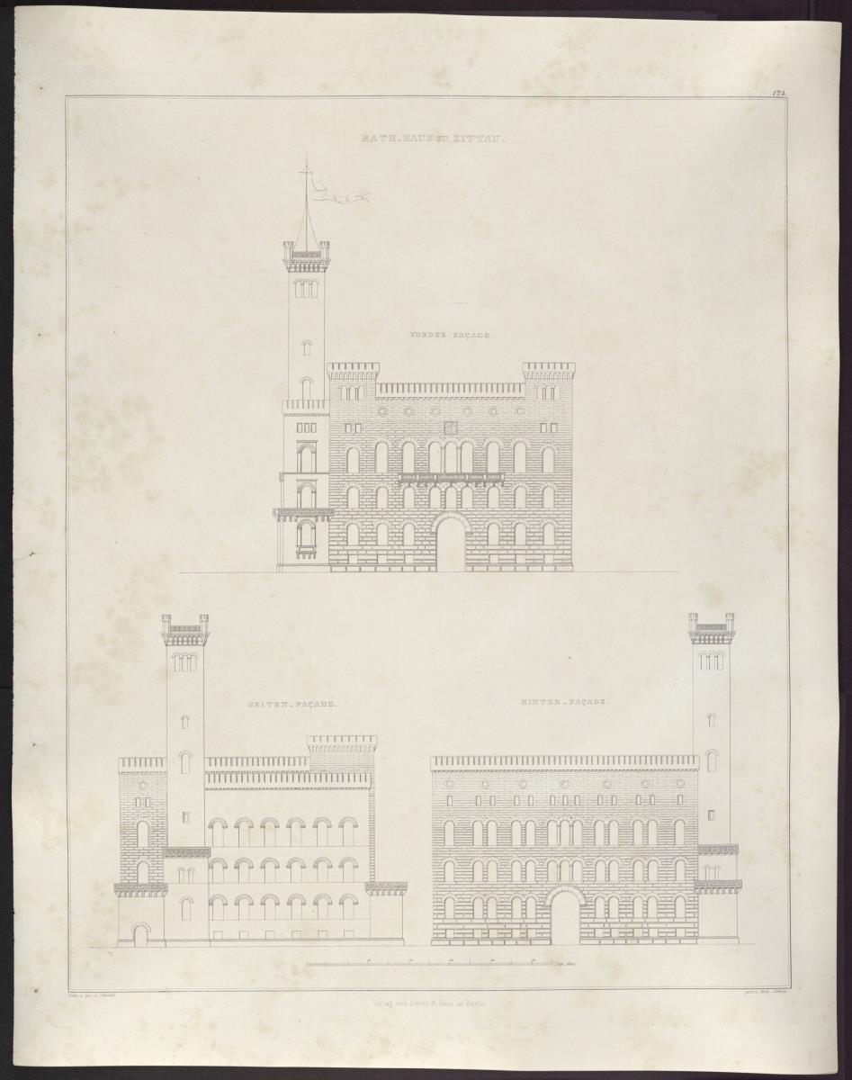 Sammlung architektonischer Entwürfe. Tafel 124 ( = Heft 27, Tafel 167, 1840): Zittau. Rathaus. Ansichten