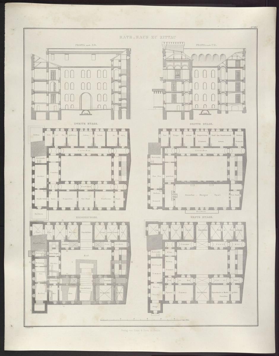 Sammlung architektonischer Entwürfe. Tafel 125 ( = Heft 27, Tafel 168, 1840): Zittau. Rathaus. Grundrisse