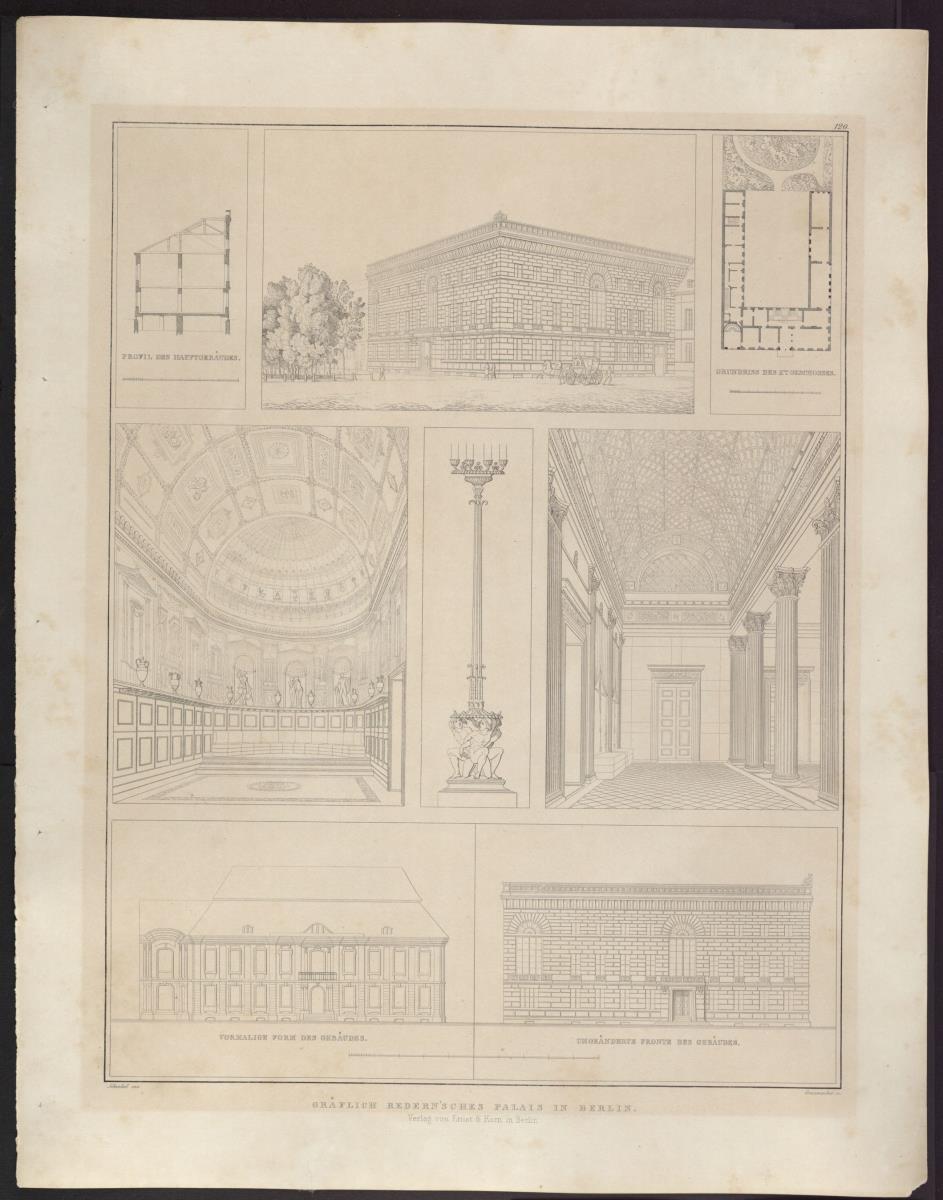 Sammlung architektonischer Entwürfe. Tafel 126 ( = Heft 23, Tafel 143, 1835): Berlin, Pariser Platz. Palais Redern. Ansichten, Risse und Schnitte