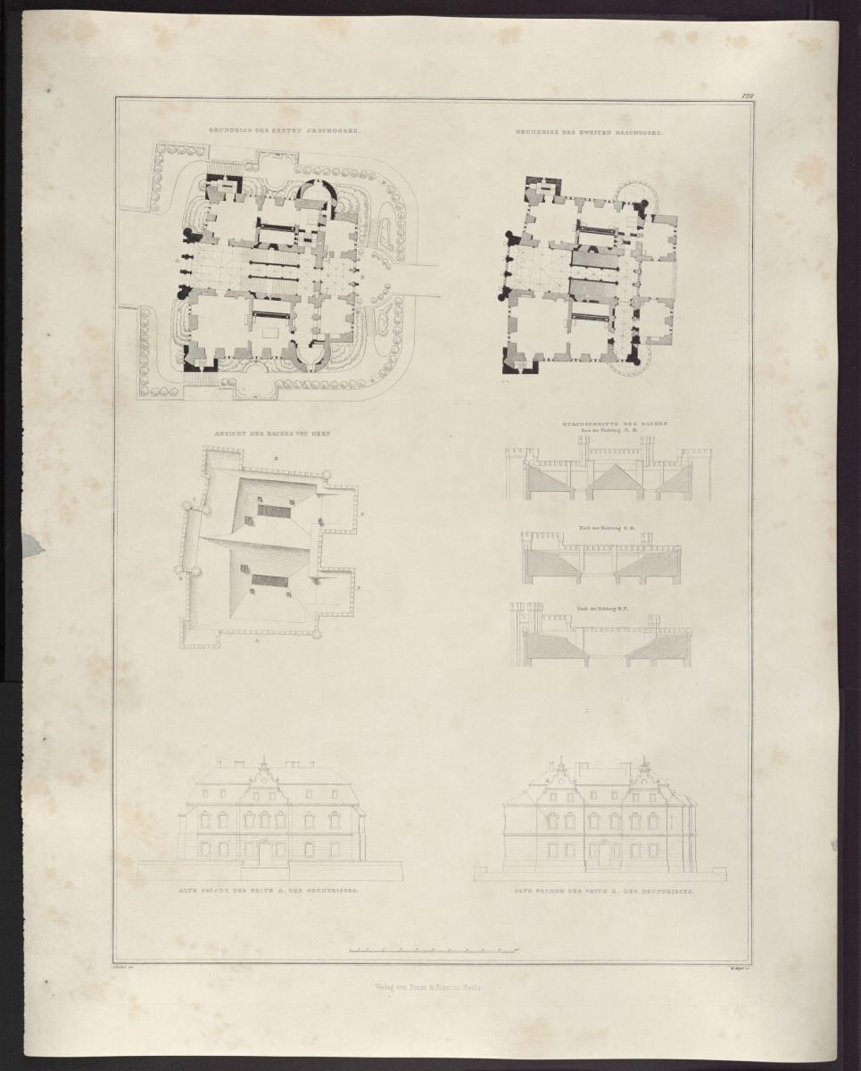 Sammlung architektonischer Entwürfe. Tafel 128 ( = Heft 23, Tafel 140, 1835): Kurnik (Kórnik), Regierungsbezirk Posen (Województwo Wielkopolskie). Schloss. Umbauentwurf. Risse, Schnitte und Ansichten