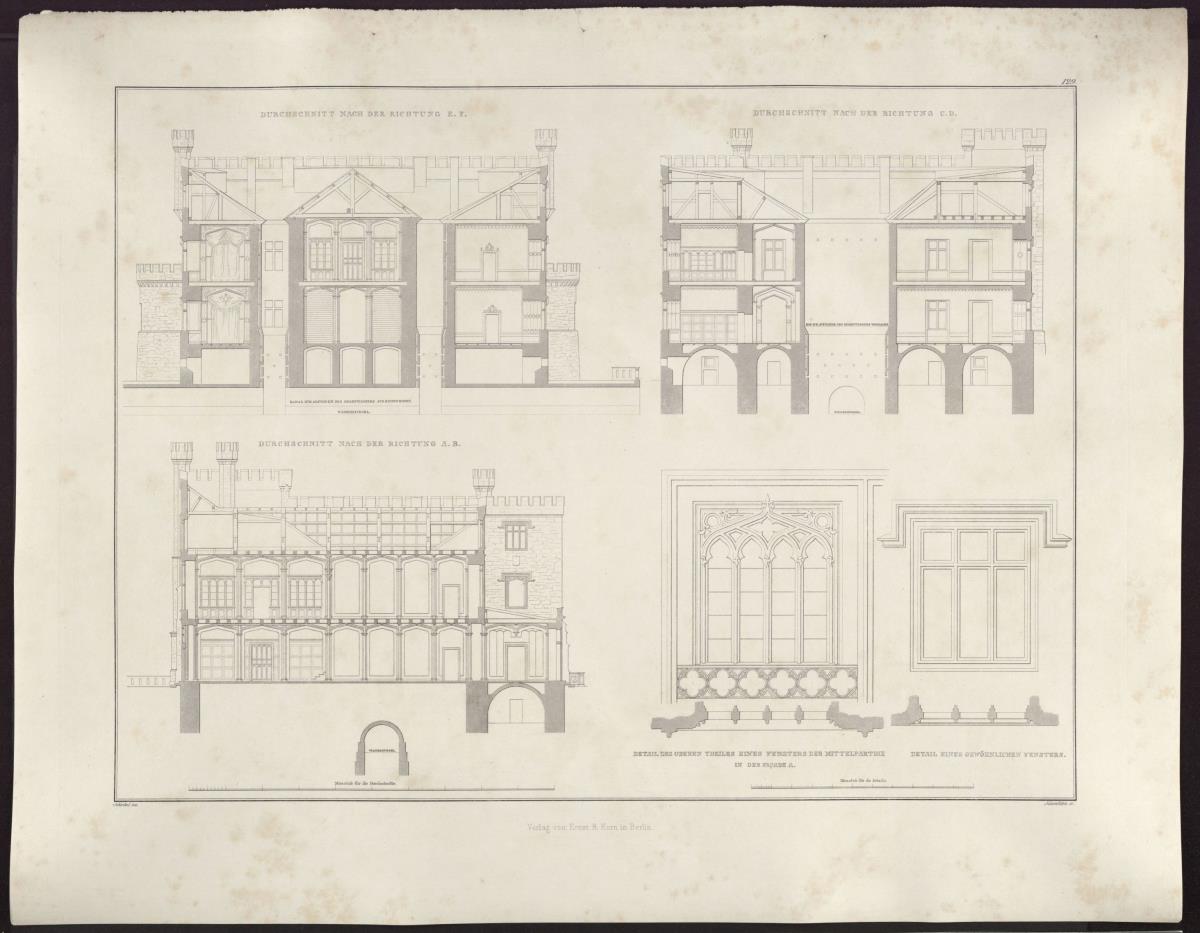 Sammlung architektonischer Entwürfe. Tafel 129 ( = Heft 23, Tafel 141, 1835): Kurnik (Kórnik), Regierungsbezirk Posen (Województwo Wielkopolskie). Schloss. Schnitte und Details