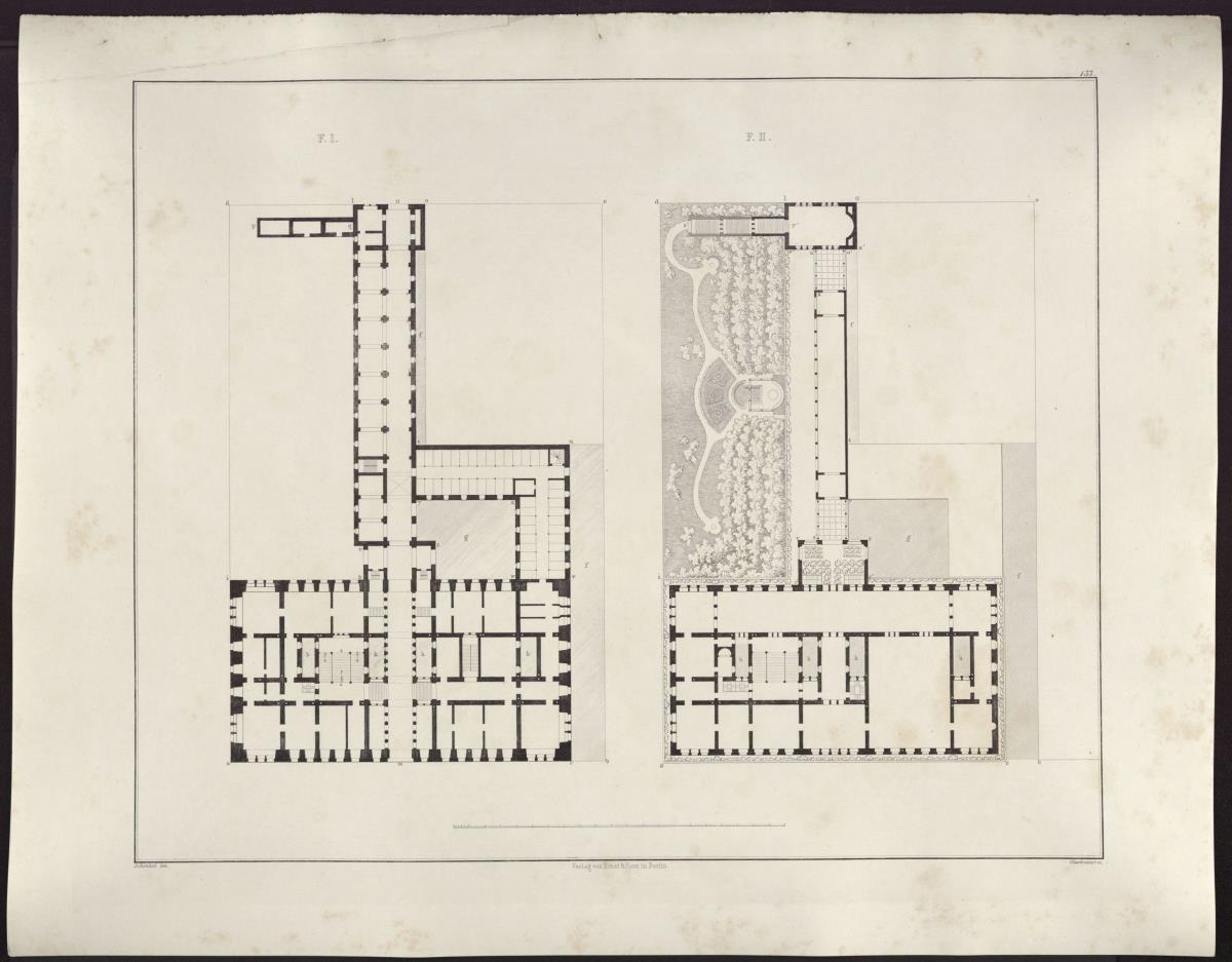 Sammlung architektonischer Entwürfe. Tafel 133 ( = Heft 26, Tafel 159, 1838): Berlin, Unter den Linden. Palais Prinz Wilhelm. Entwurf mit seitlichem Terrassengarten. Grundrisse