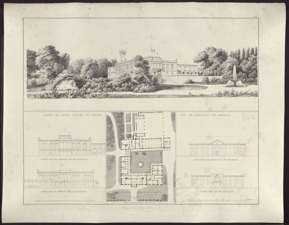 Sammlung architektonischer Entwürfe. Tafel 137 ( = Heft 28, Tafel 169, 1840): Berlin. Schloss Glienicke. Grundriss und Ansichten