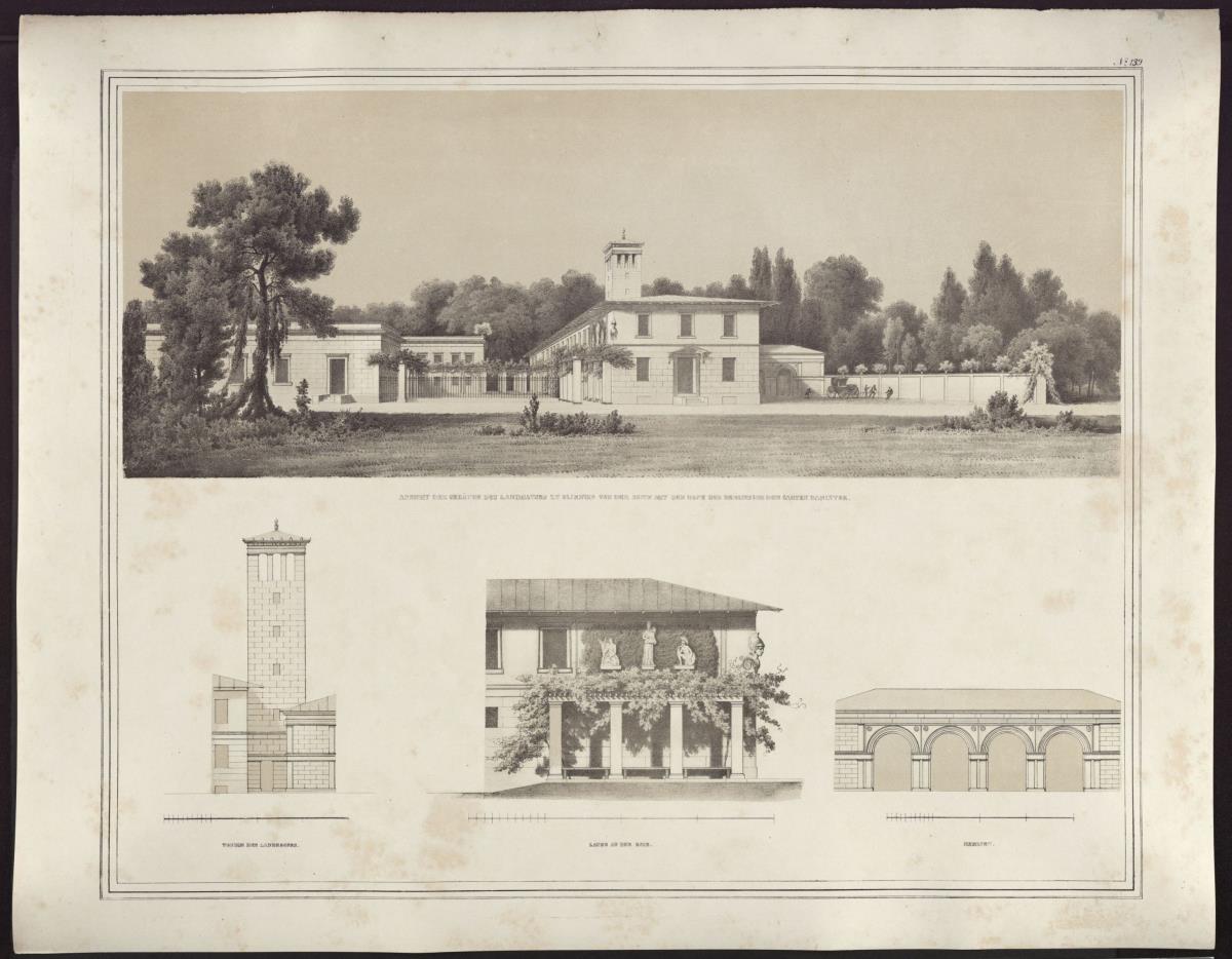 Sammlung architektonischer Entwürfe. Tafel 139 ( = Heft 28, Tafel 171, 1840): Berlin, Glienicke. Landhaus. Perspektivische Ansicht und Gebäudeteile