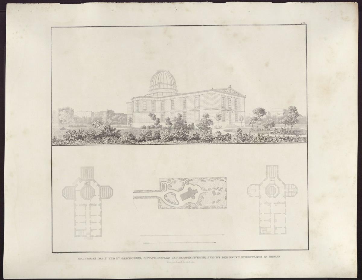 Sammlung architektonischer Entwürfe. Tafel 141 ( = Heft 25, Tafel 153, 1835): Berlin. Entwurf zur Sternwarte. Situationsplan, Grundrisse und perspektivische Ansicht