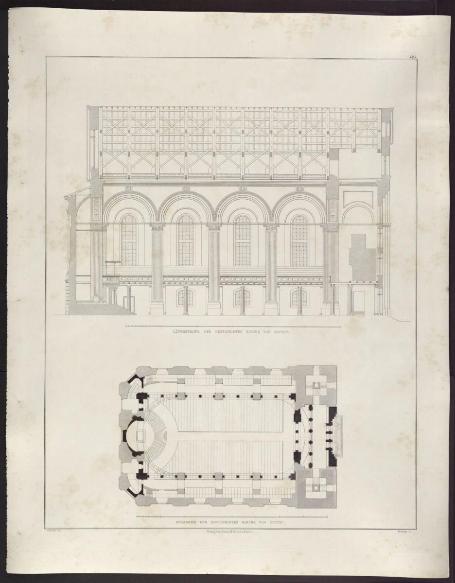 Sammlung architektonischer Entwürfe. Tafel 143 ( = Heft 27, Tafel 163, 1840): Zittau. Johanneskirche. Längschnitt und Grundriss