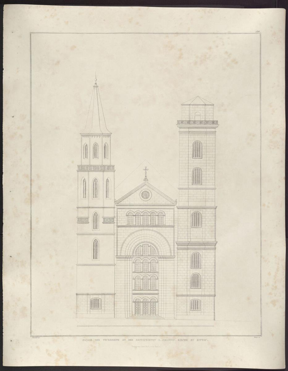 Sammlung architektonischer Entwürfe. Tafel 146 ( = Heft 27, Tafel 166, 1840): Zittau. Johanneskirche. Fassade der Turmseite