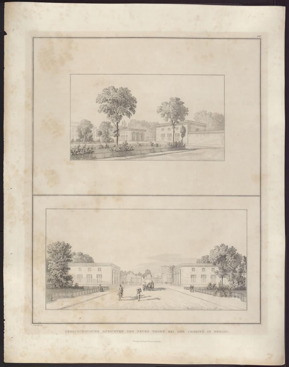 Sammlung architektonischer Entwürfe. Tafel 147 ( = Heft 25, Tafel 155, 1836): Berlin, Luisenstraße. Neues Tor. Zwei Ansichten