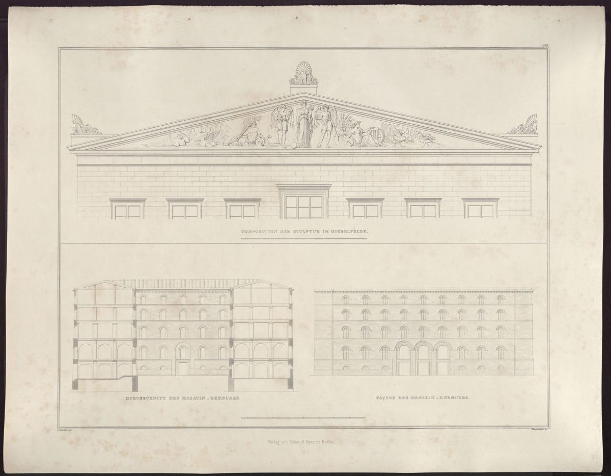 Sammlung architektonischer Entwürfe. Tafel 152 ( = Heft 21, Tafel 130, 1834): Berlin, Kupfergraben. Packhof. Ansicht des Niederlagsgebäudes nach der Hofseite