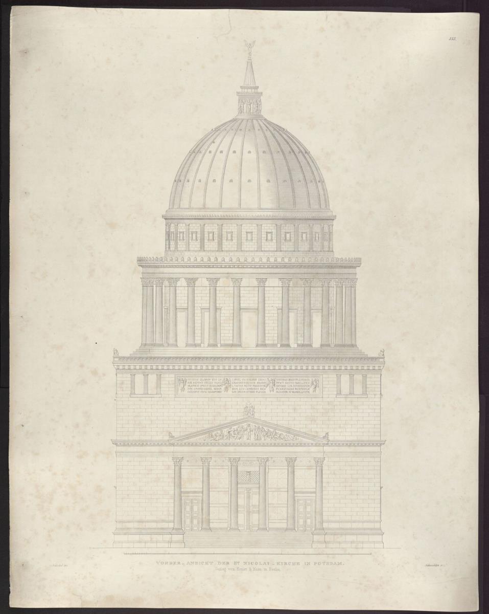 Sammlung architektonischer Entwürfe. Tafel 155 ( = Heft 22, Tafel 133, 1834): Potsdam. Nikolaikirche. Vorderansicht des Ausführungsentwurfs