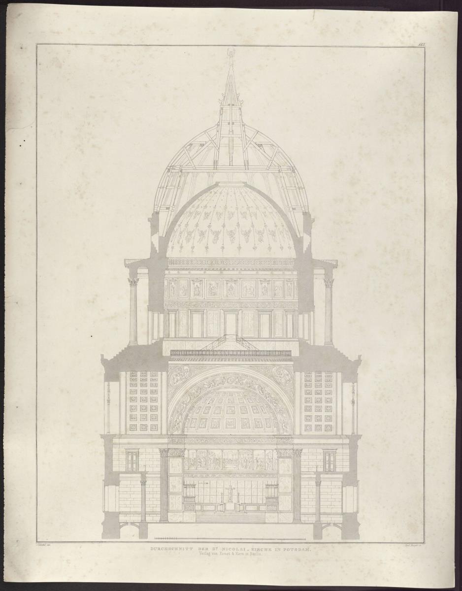 Sammlung architektonischer Entwürfe. Tafel 157 ( = Heft 22, Tafel 135, 1834): Potsdam. Nikolaikirche. Querschnitt des Ausführungsentwurfs
