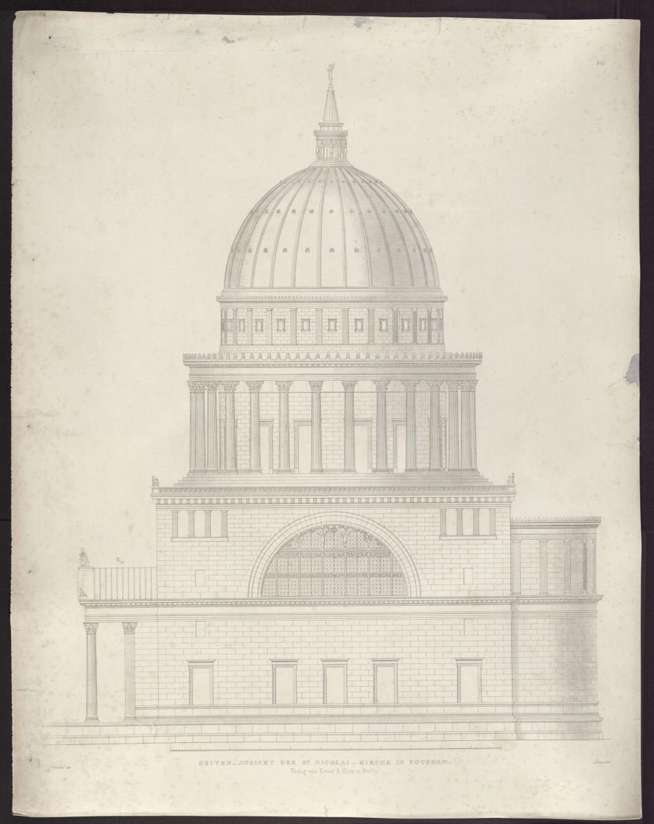 Sammlung architektonischer Entwürfe. Tafel 158 ( = Heft 22, Tafel 136, 1834): Potsdam. Nikolaikirche. Seitenansicht des Ausführungsentwurfs